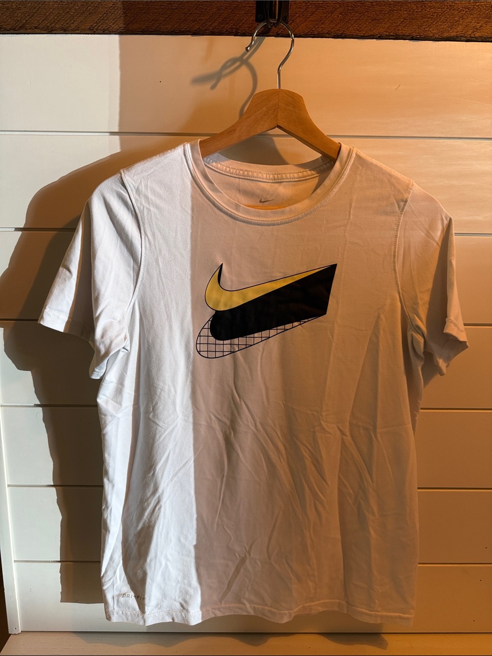 Nike White Short-Sleeve Tee with Black and Yellow Swoosh